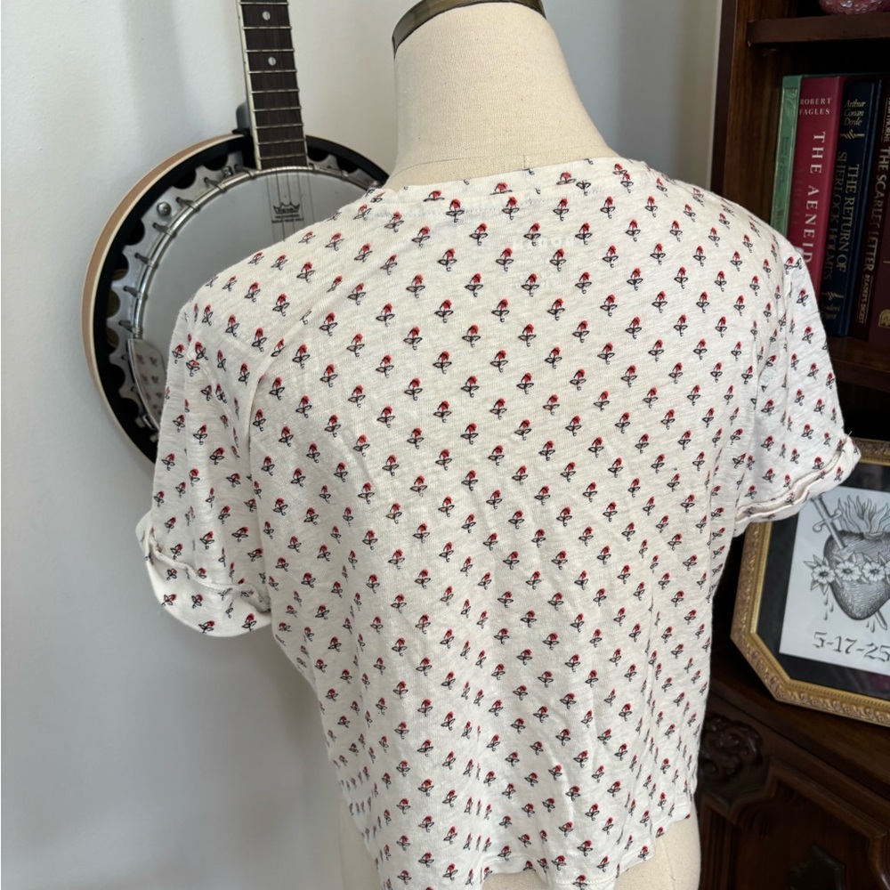 BODEN 100 Linen Floral Dainty Ditsy Block Print Floral Crop Tee SZ US 8 - Picture 4 of 5